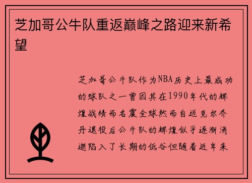 芝加哥公牛队重返巅峰之路迎来新希望